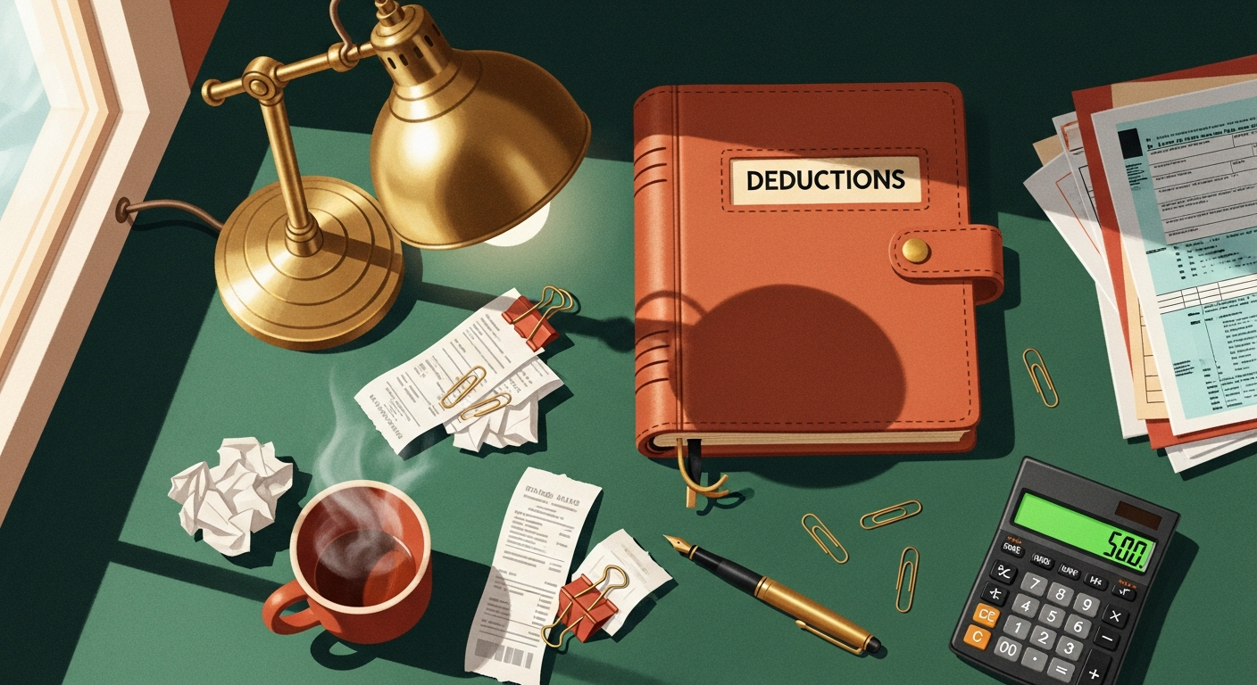A warmly-lit desk with a leather ledger, calculator, fountain pen, and stacked tax forms.