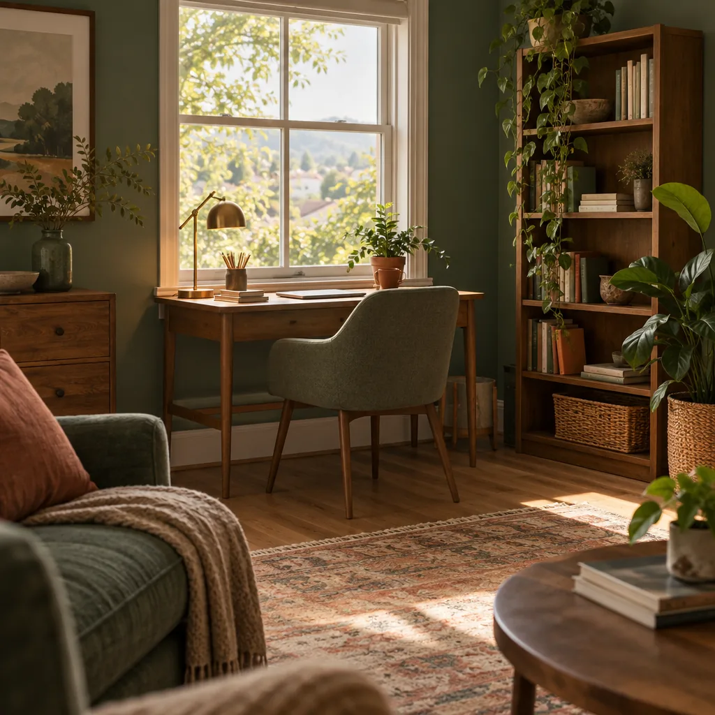 Illustration of a small home-office desk corner.