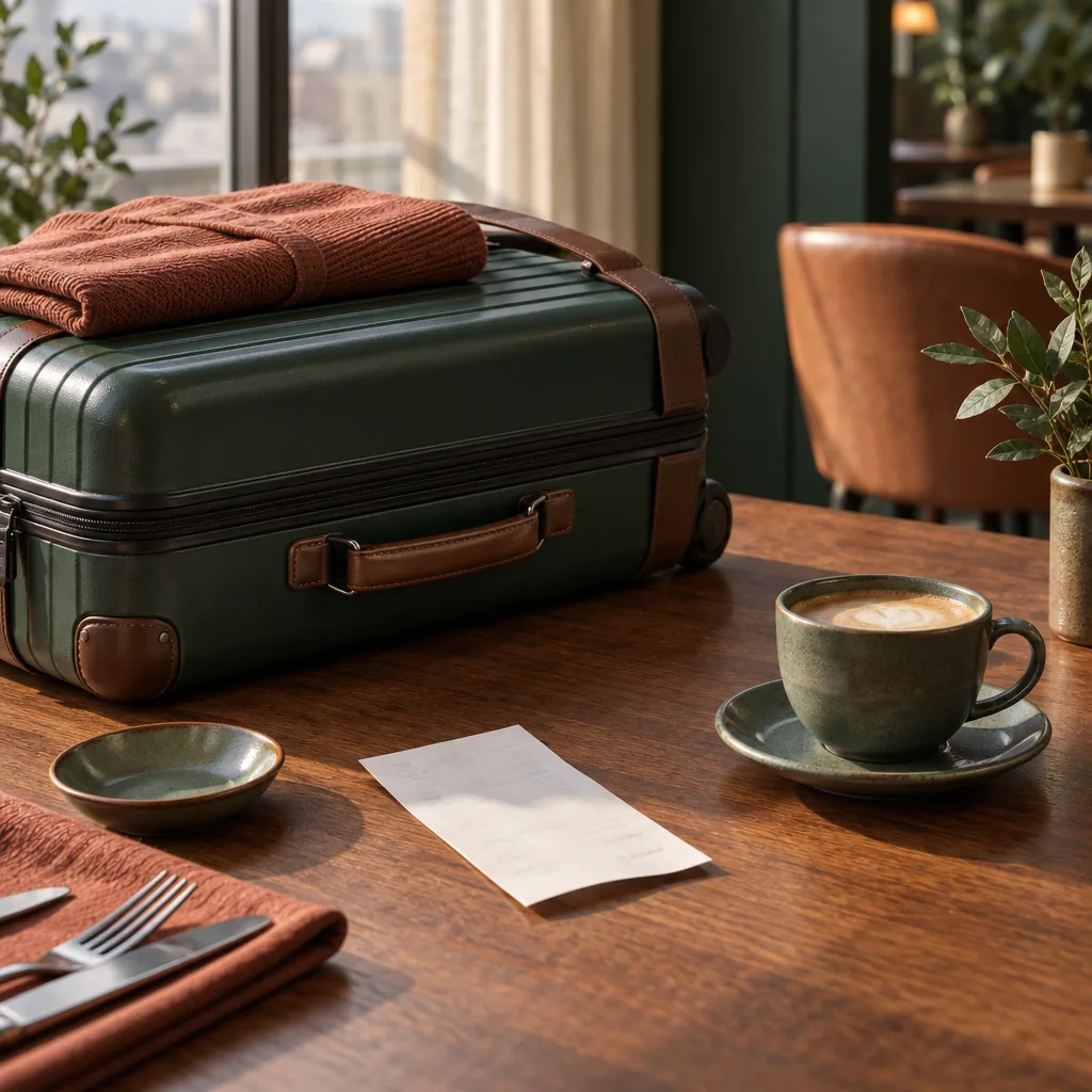 Editorial illustration representing the Travel & Meals deduction category, in a muted green and terracotta style, with no text, logos, or people.