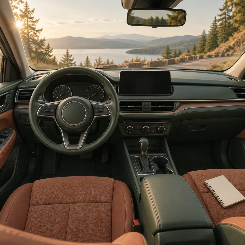 Editorial illustration representing the Vehicle deduction category, in a muted green and terracotta style, with no text, logos, or people.