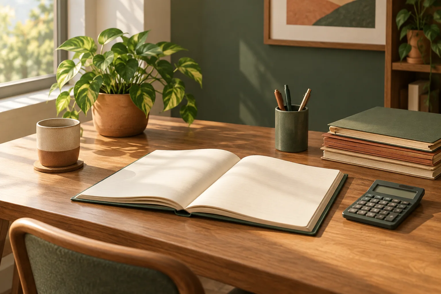 Editorial illustration of a tidy desk with a ledger, calculator, folders, and a small plant, styled in muted green and terracotta tones.