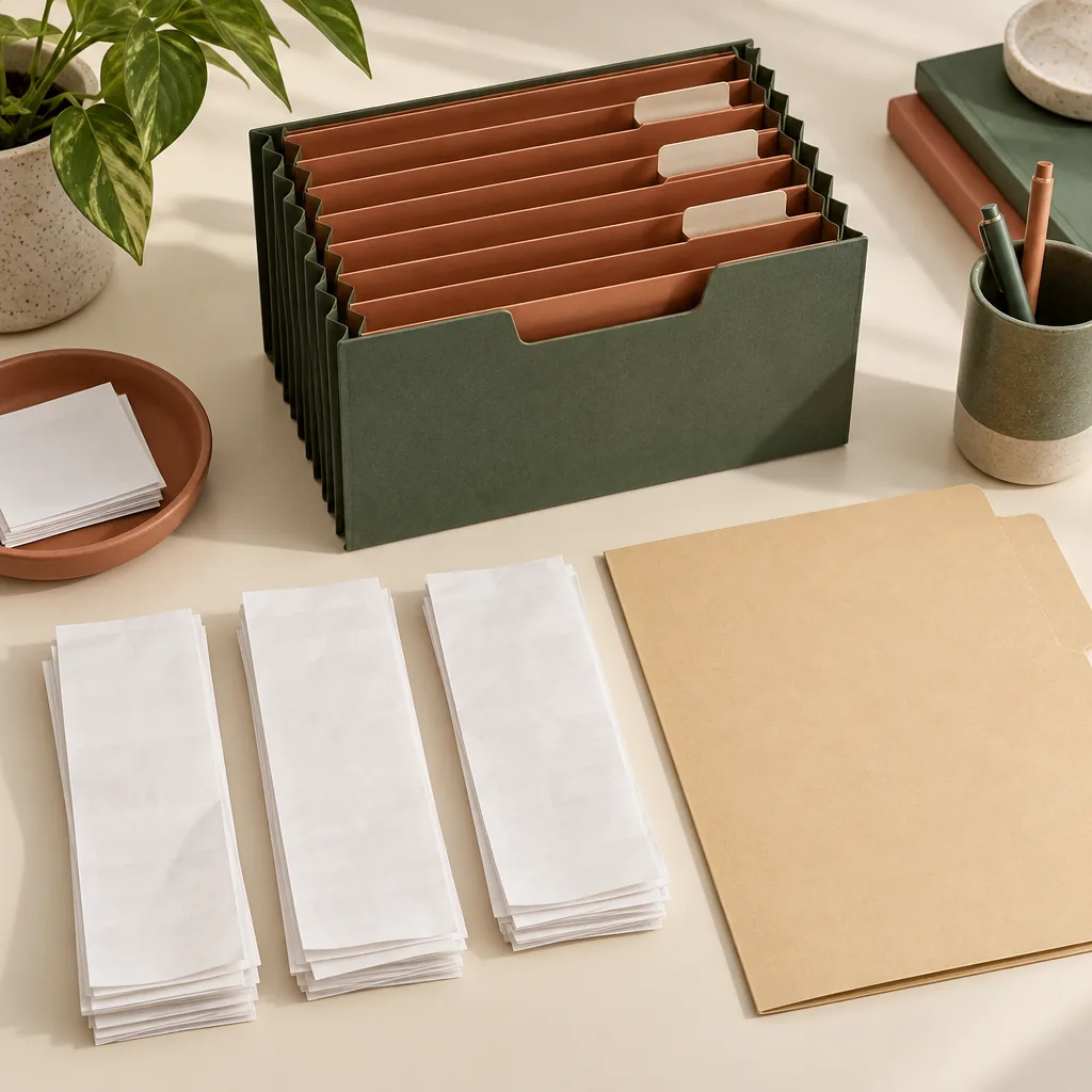 Illustration of organized receipts and folders.