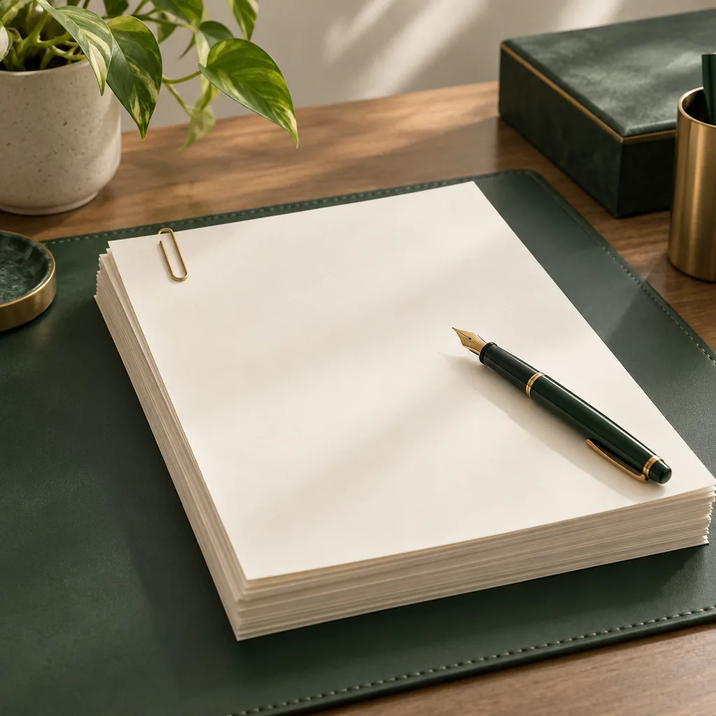 Illustration of blank paper forms and a pen.