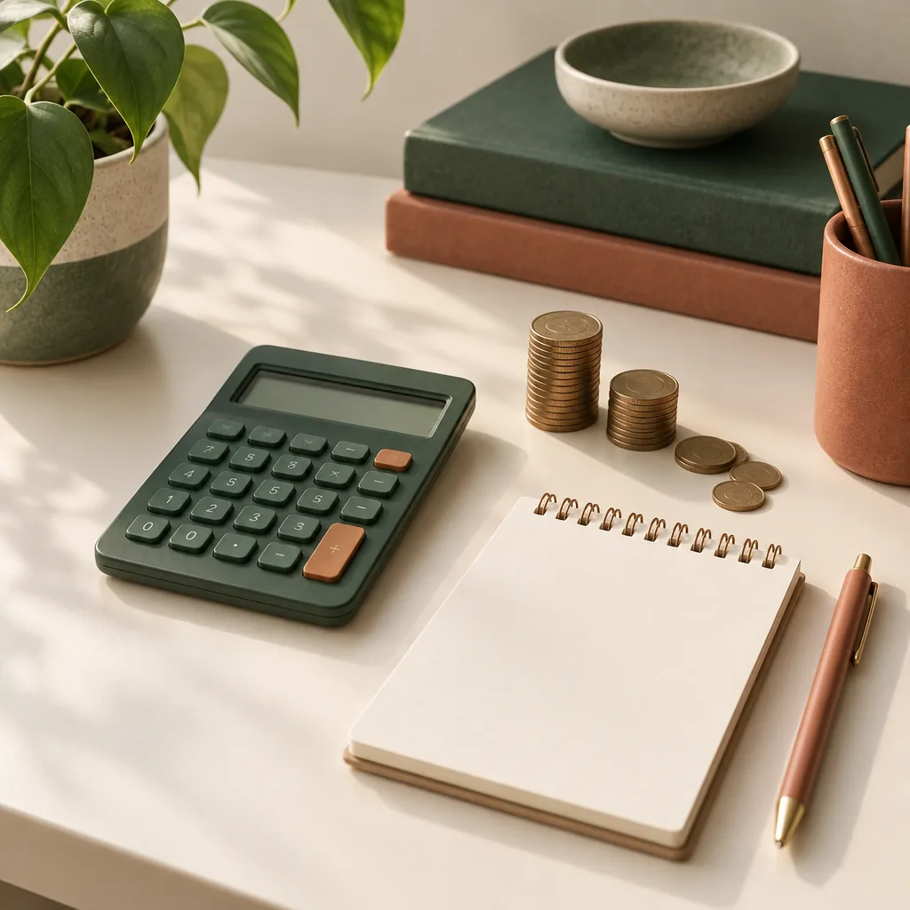 Illustration of a calculator, coins, and a notepad.