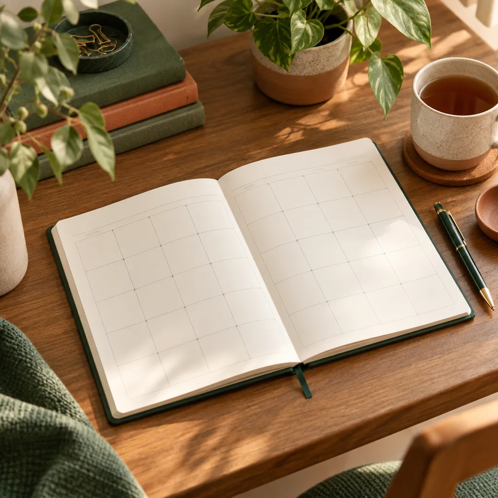 Illustration of a planner and calendar on a desk.